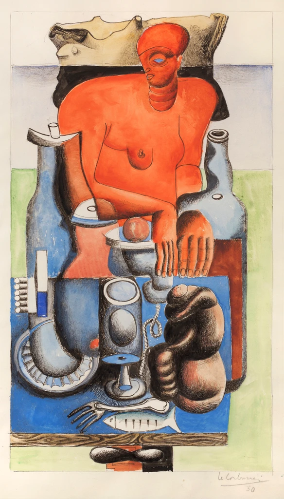 Femme nue et nature morte sur un guéridon devant un paysage de mer
