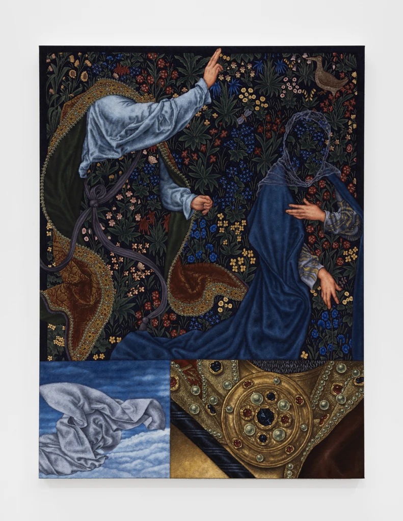 Study of narrative architectures (annunciation gestures with millefleur, jewels, and floating fabric)